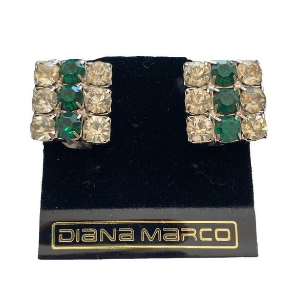 Vintage Diane Marco Emerald Green And Clear Rhinestone Earrings - Picture 1 of 9